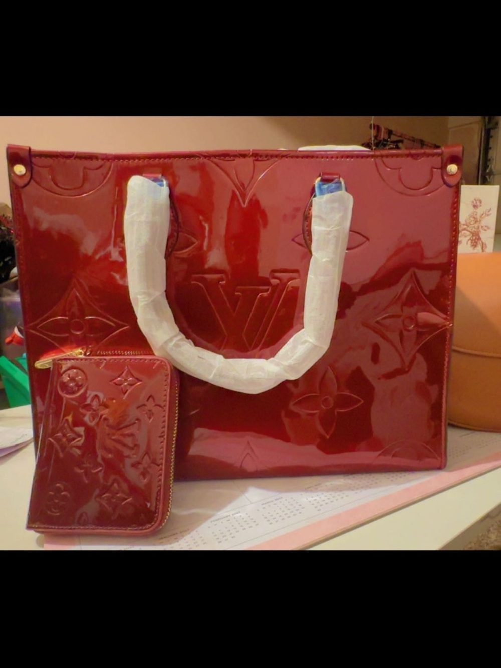Red Patent Monogram Tote with Matching Zip Wallet
